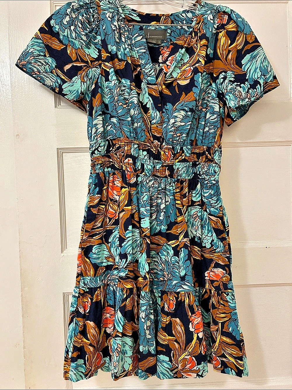 Anthropologie The Somerset Floral Mini Dress in Blue & Orange Size XS Like New